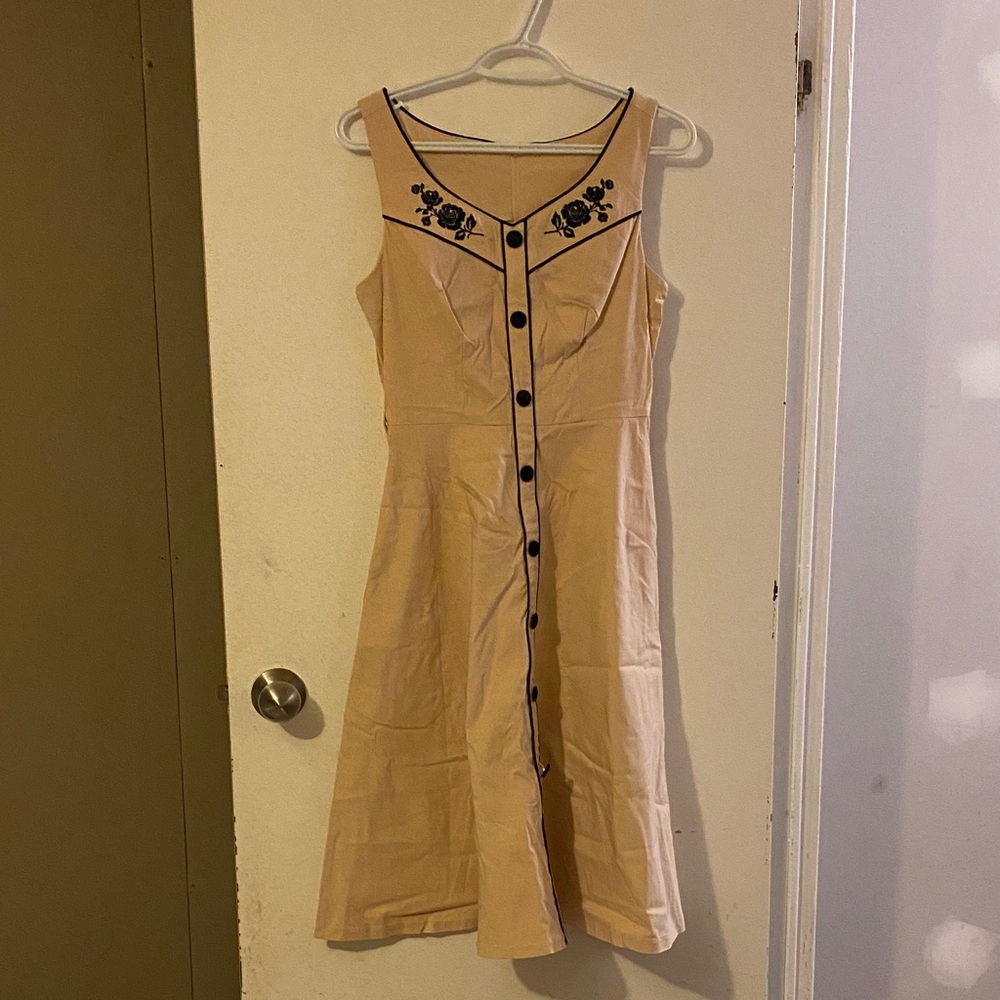 Voodoo Vixen Beige Midi Dress with Black Embroidery
